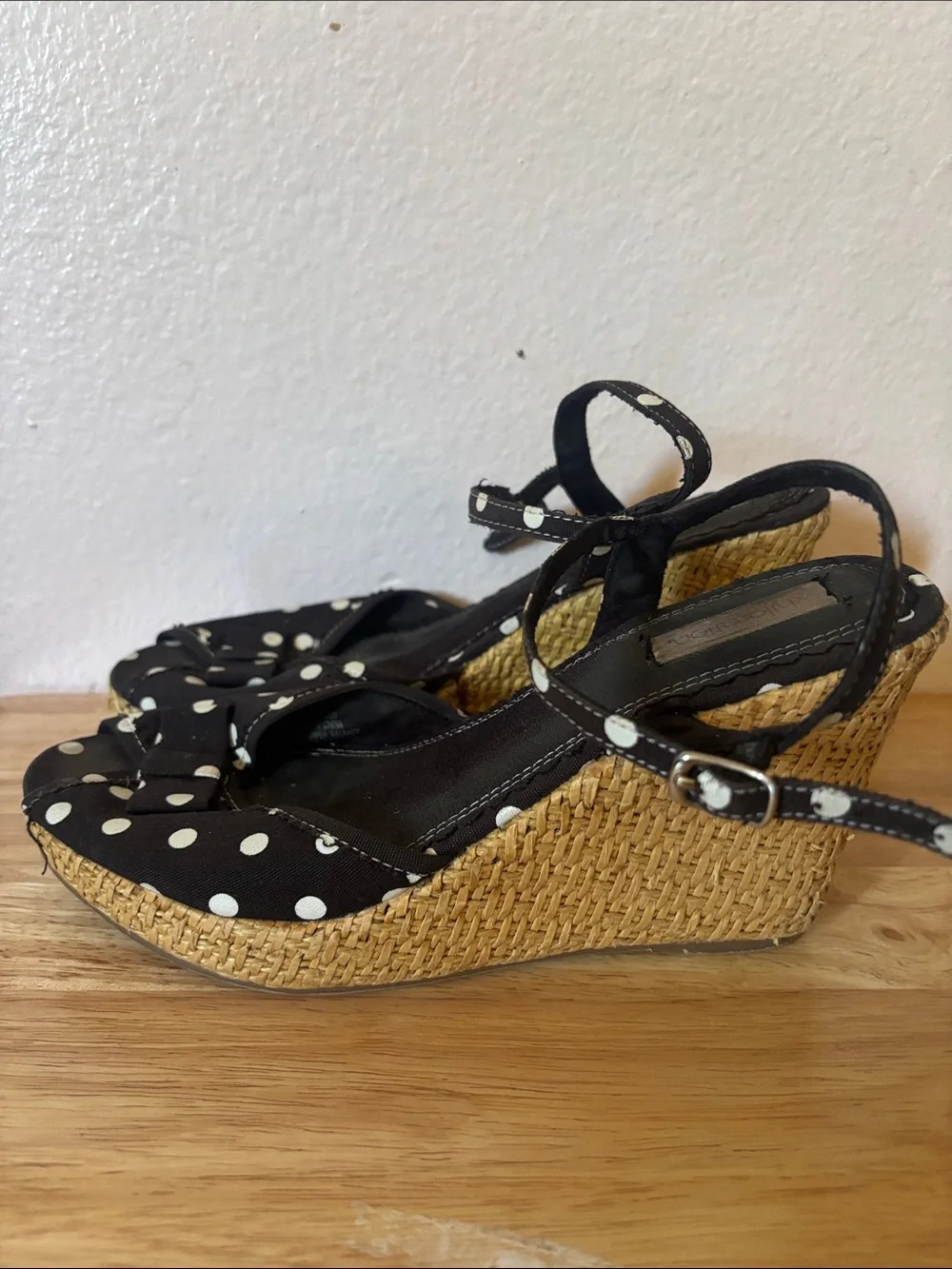 Black Polka Dot Pinup Wedge Sandals with Peep toe and Ankle Strap, Size 7